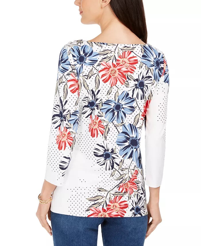 Blusa feminina Charter Club com estampa floral de bolinhas, branca, tamanho pequeno