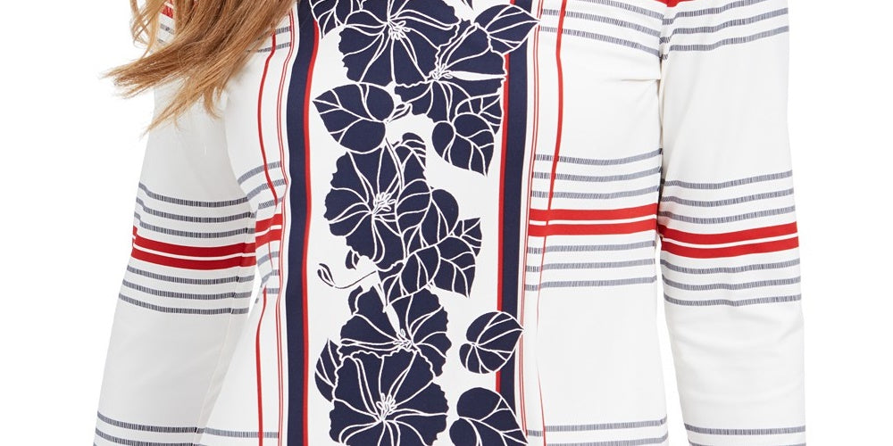 Túnica feminina Charter Club com estampa mista e decote em V, branca, tamanho pequeno