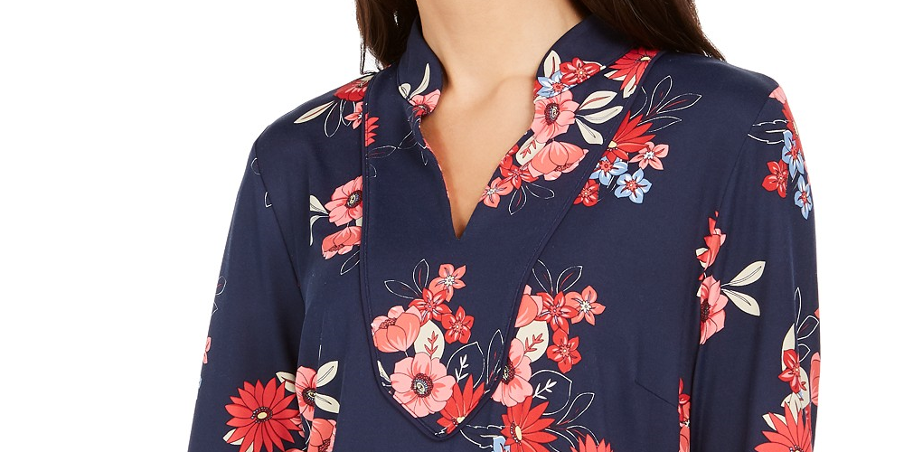 Túnica feminina Charter Club com estampa floral e decote dividido, azul, tamanho grande