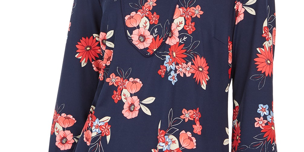 Túnica feminina Charter Club com estampa floral e decote dividido, azul, tamanho grande