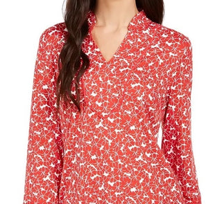 Charter Club Women's Floral Print Split-Neck Tunic  Medium Red Size Small