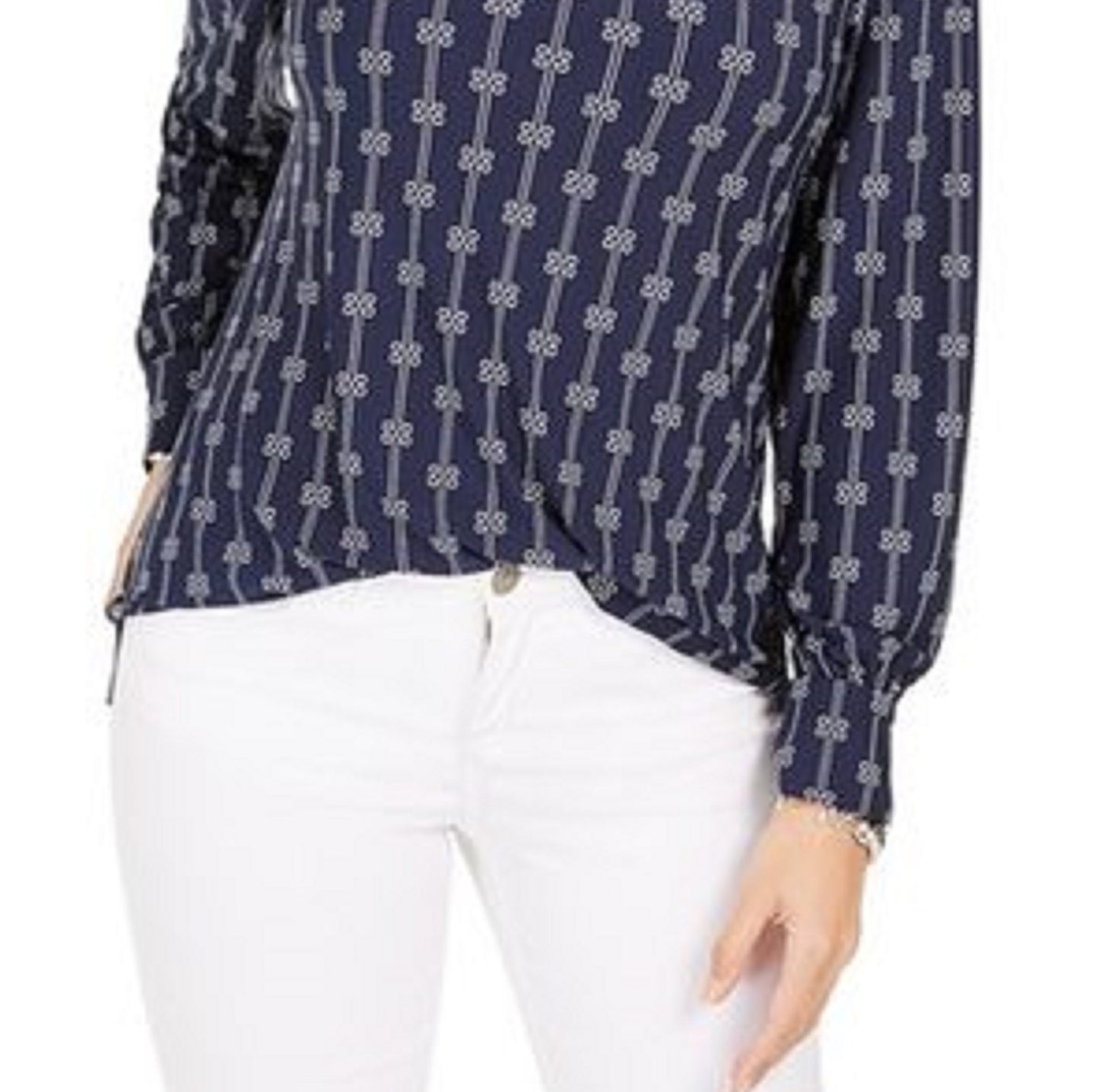 Blusa feminina estampada com decote aberto, azul, tamanho pequeno