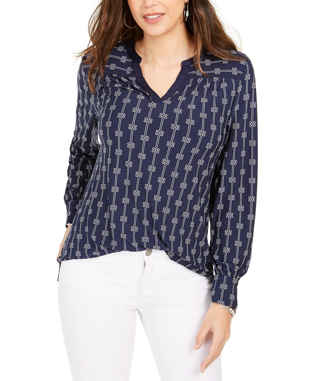 Charter Club Top feminino estampado pequeno com decote aberto, azul, tamanho médio