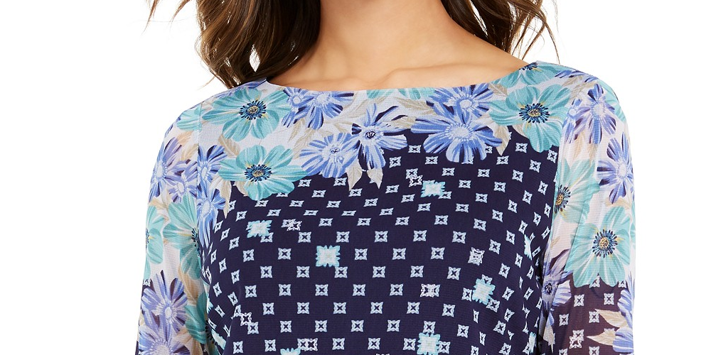 Camiseta feminina de malha estampada Charter Club, azul, tamanho extra pequeno