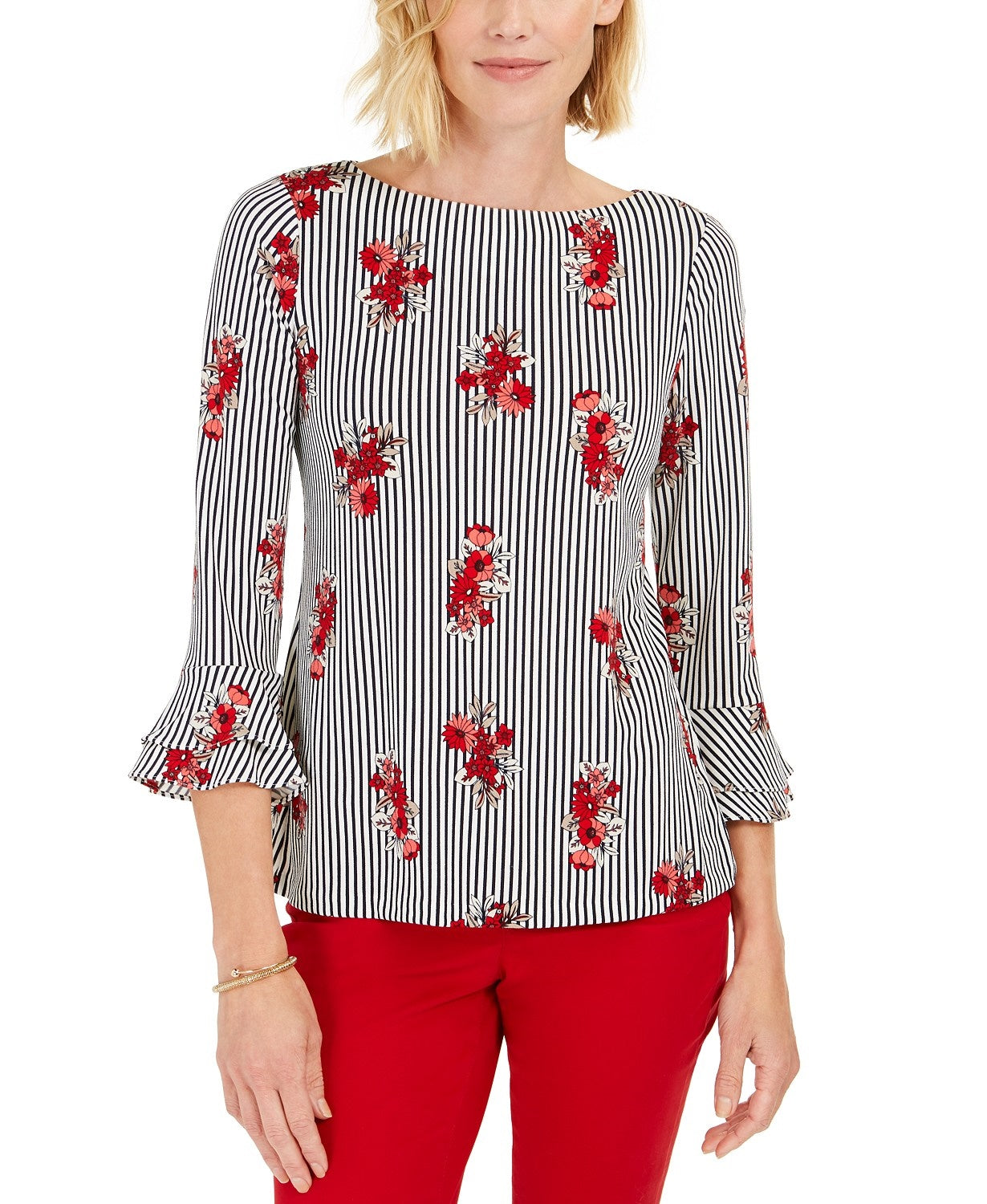 Blusa feminina Charter Club estampada com mangas franzidas, cinza, tamanho XX-G