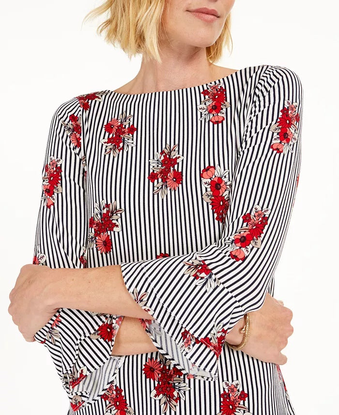 Blusa feminina Charter Club estampada com mangas franzidas, cinza, tamanho XX-G