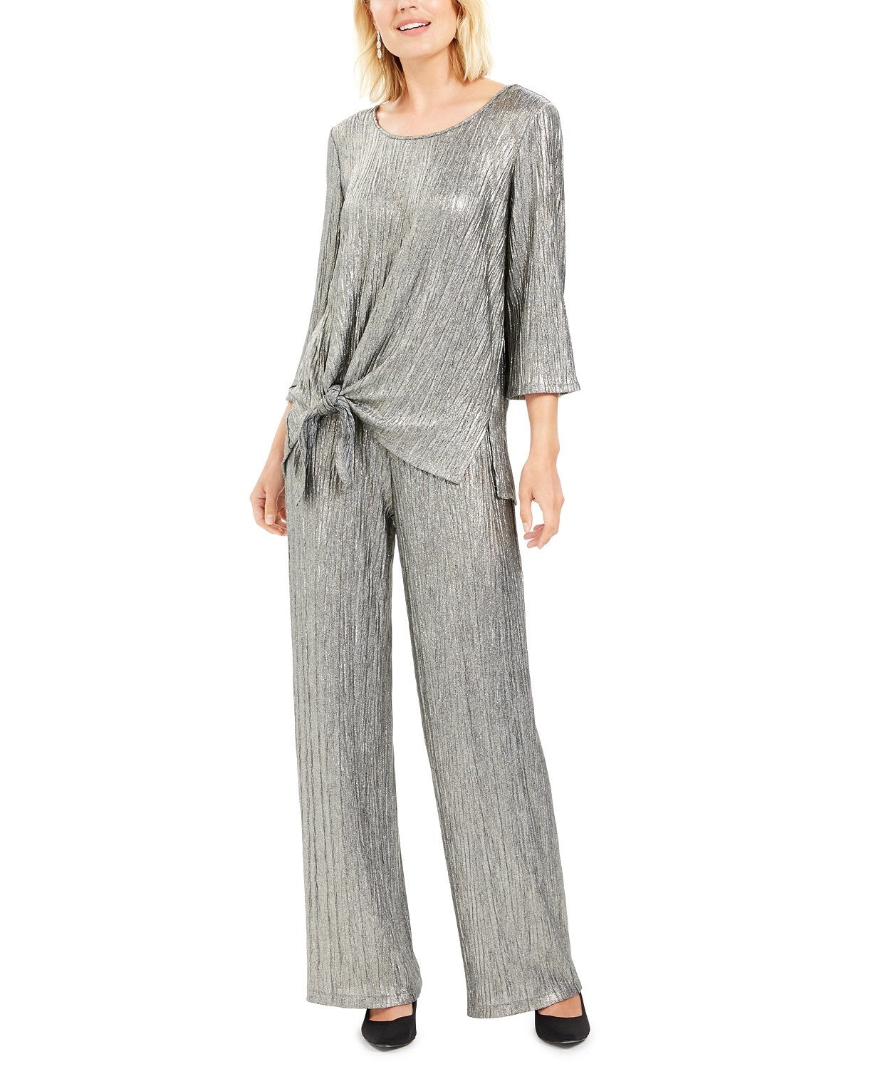 Top feminino com amarração metálica e bainha franzida JM Collection, cinza, tamanho grande