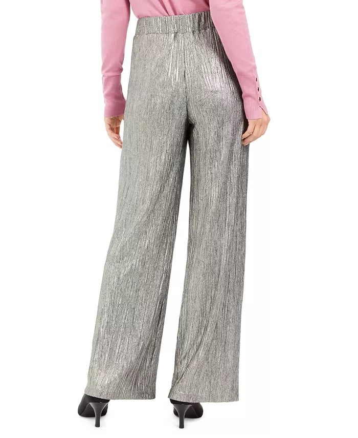 Calça feminina amassada metálica JM Collection tamanho XX-G cinza