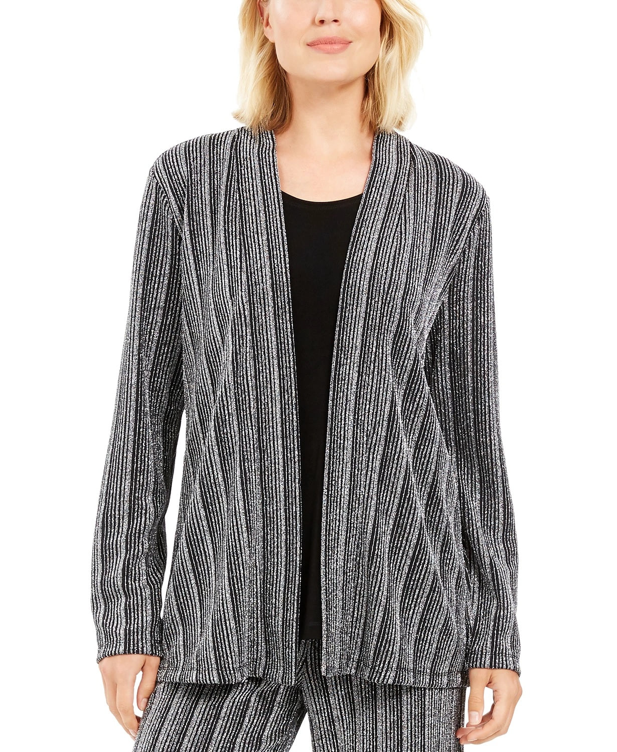 Cardigan metálico feminino JM Collection Petite com aparência em camadas, preto, tamanho pequeno grande