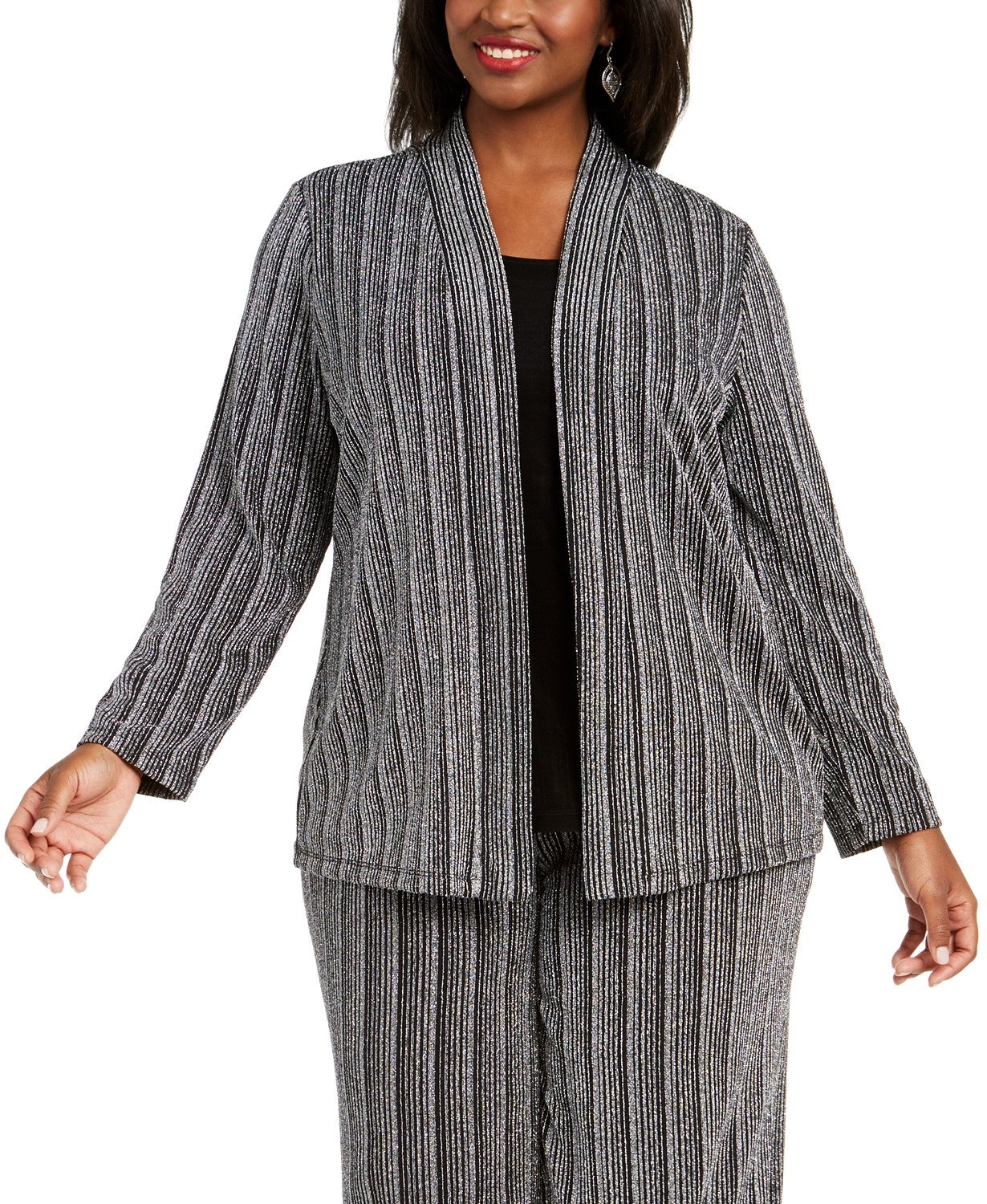 JM Collection Top feminino plus size metálico com camadas, preto, tamanho 1X