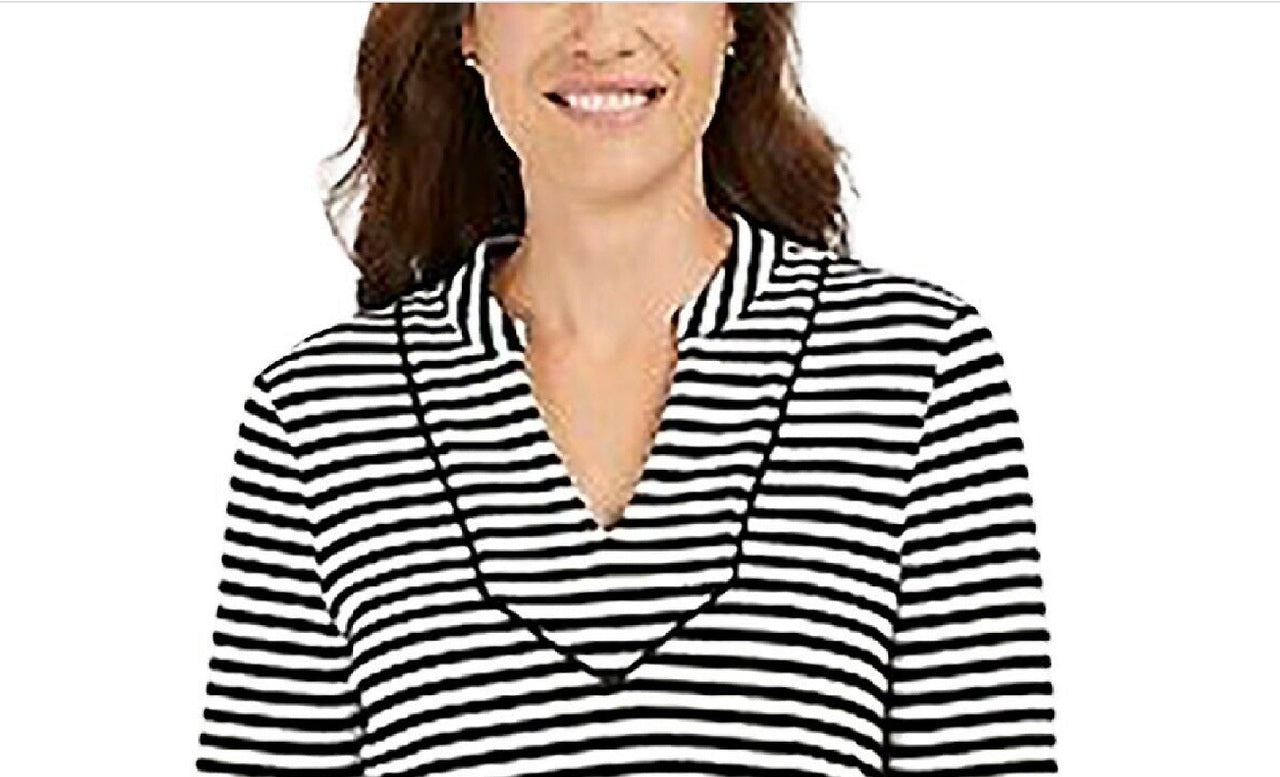 Blusa feminina listrada Charter Club com manga 3/4, preta, tamanho grande