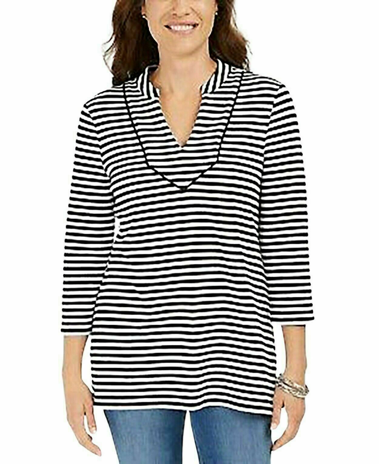 Blusa feminina listrada Charter Club com manga 3/4, preta, tamanho pequeno