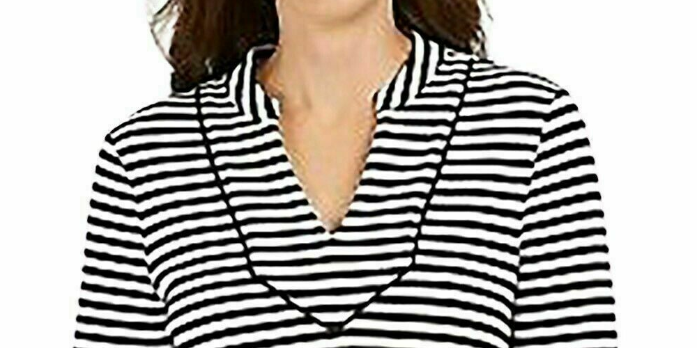 Blusa feminina listrada Charter Club com manga 3/4, preta, tamanho pequeno