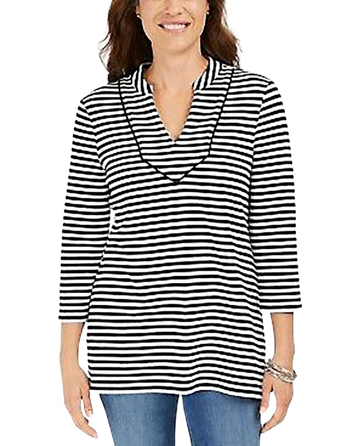 Blusa feminina listrada Charter Club com manga 3/4, preta, tamanho extragrande