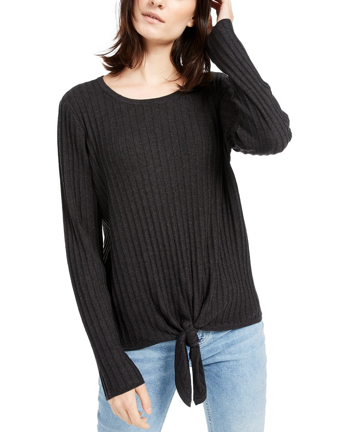 Suéter feminino canelado com nó INC International Concepts, preto, tamanho pequeno
