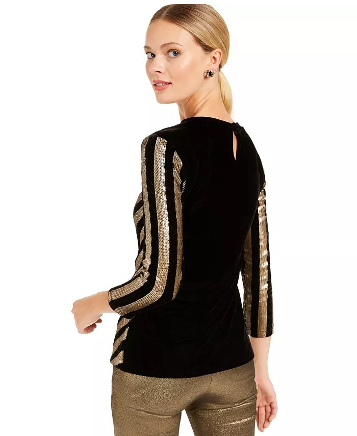 INC International Concepts Top Chevron Feminino de Veludo com Lantejoulas Preto Tamanho Médio