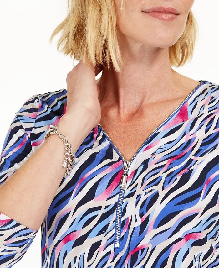 Blusa feminina estampada com zíper frontal, tamanho extra grande, azul, da coleção JM