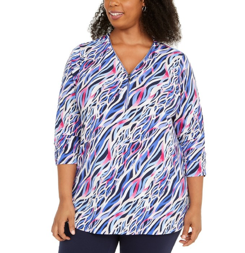Túnica estampada com decote em zíper e manga comprida feminina JM Collection, tamanho 0X, laranja