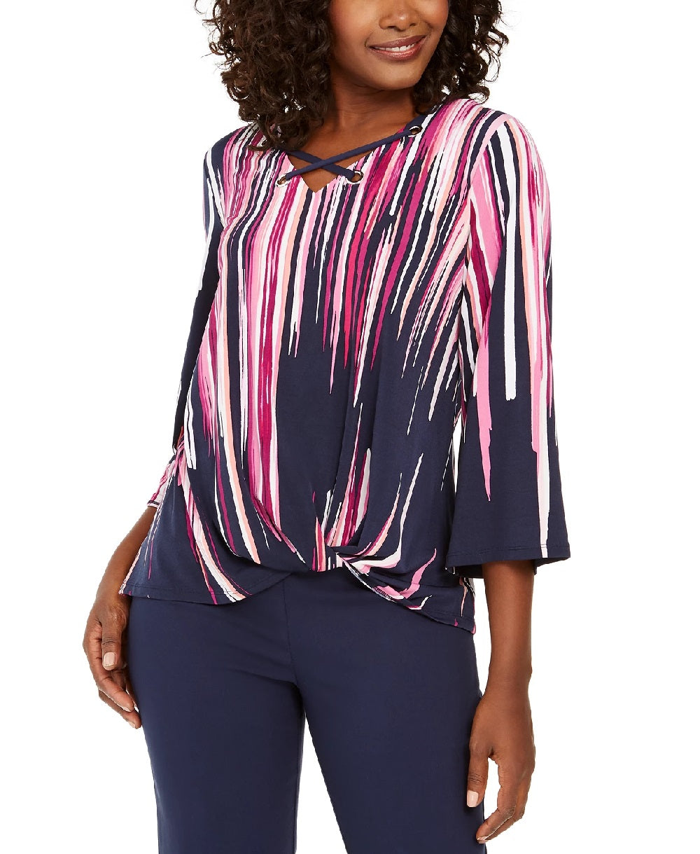 Top feminino estampado com ilhós e acabamento torcido na frente, tamanho grande, azul-marinho, da coleção JM