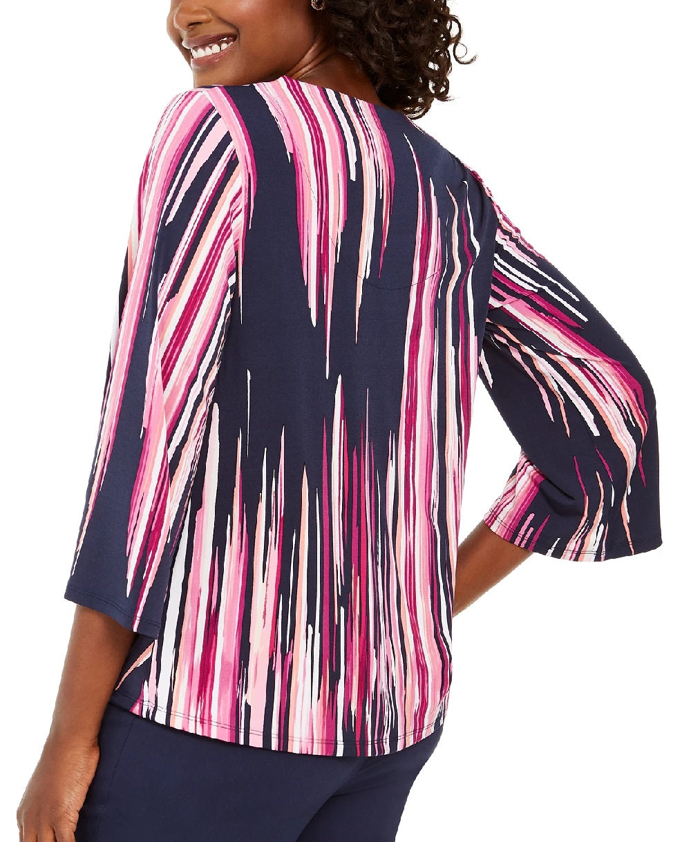 Top feminino estampado com ilhós e acabamento torcido na frente, tamanho grande, azul-marinho, da coleção JM