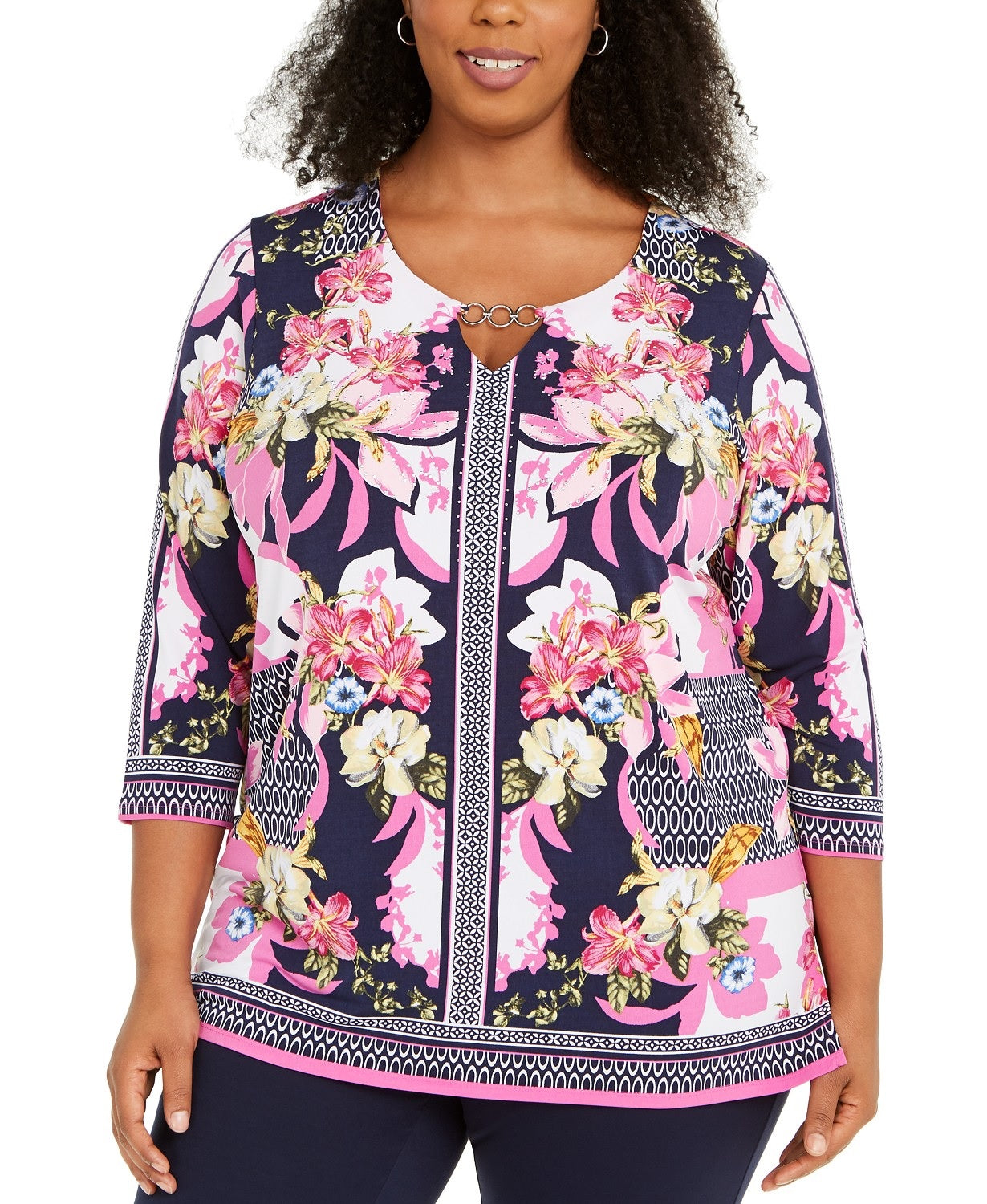 Túnica estampada plus size com decote em V e abertura para mulheres da coleção JM, azul, tamanho XXX-G