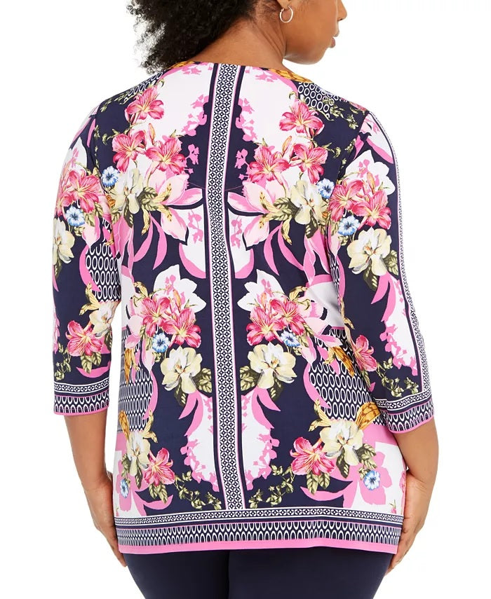 Túnica estampada plus size com decote em V e abertura para mulheres da coleção JM, azul, tamanho XXX-G