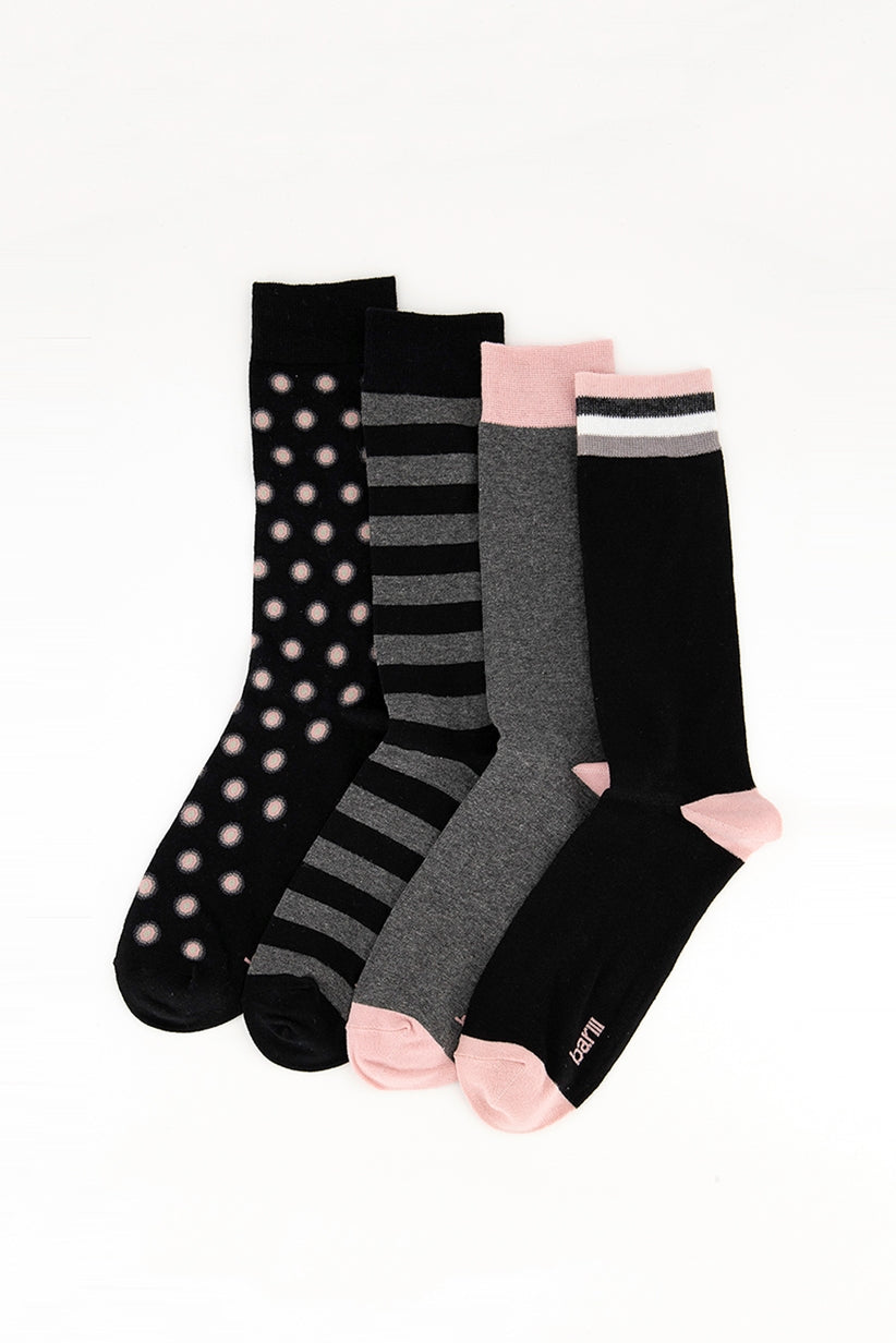 Meias Bar III Masculinas, Pacote com 4, Pretas e Rosa, Tamanho 10-13