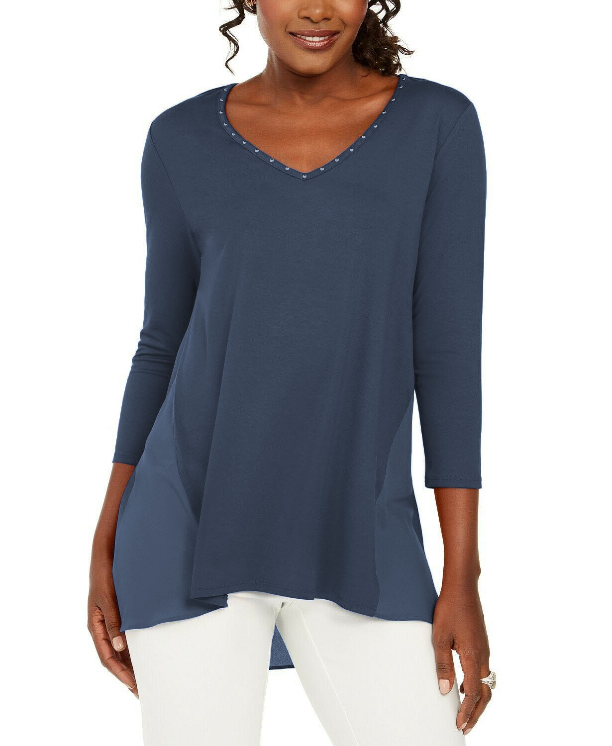 JM Collection Top Feminino Mixed-Media Studs Azul Tamanho P