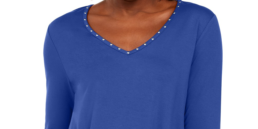 JM Collection Top Feminino Mixed-Media Studs Azul Escuro Tamanho P