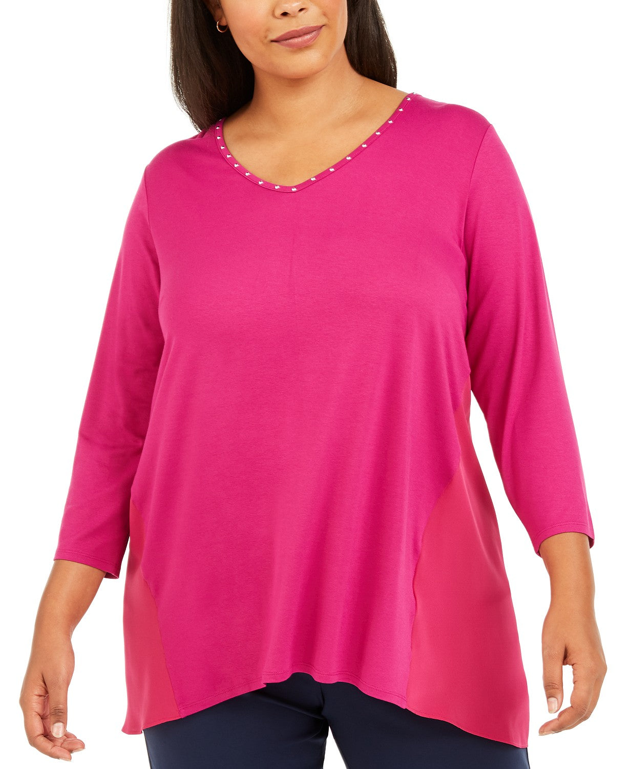 JM Collection Top Feminino Plus Size com Tachas e Técnicas Mistas Rosa Tamanho X-G