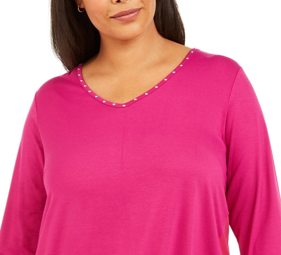 JM Collection Top Feminino Plus Size com Tachas e Técnicas Mistas Rosa Tamanho X-G
