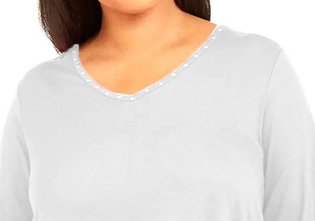 JM Collection Top feminino plus size com tachas e estampa de mídia mista, branco, tamanho XX-G