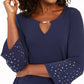 Blusa feminina com decote em V e mangas com strass, azul-escuro, tamanho grande, da coleção JM