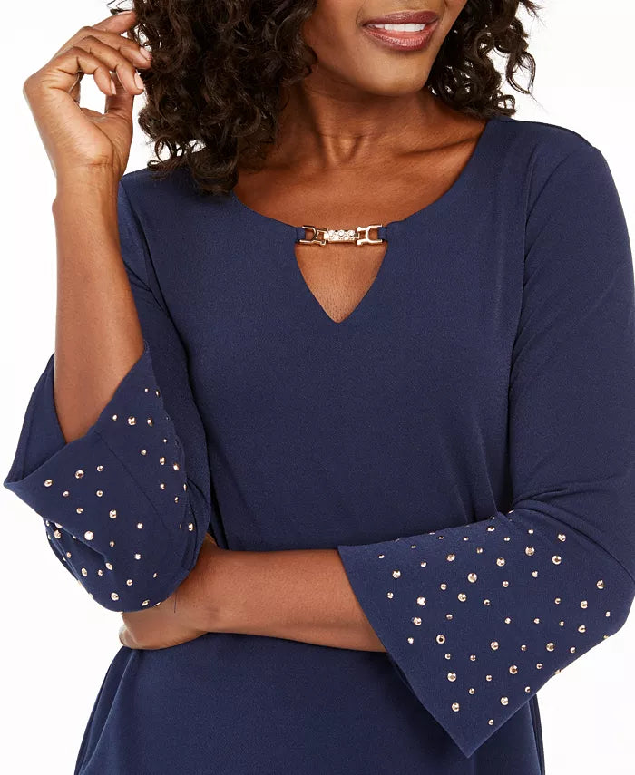 Blusa feminina com decote em V e mangas com strass, azul-escuro, tamanho grande, da coleção JM