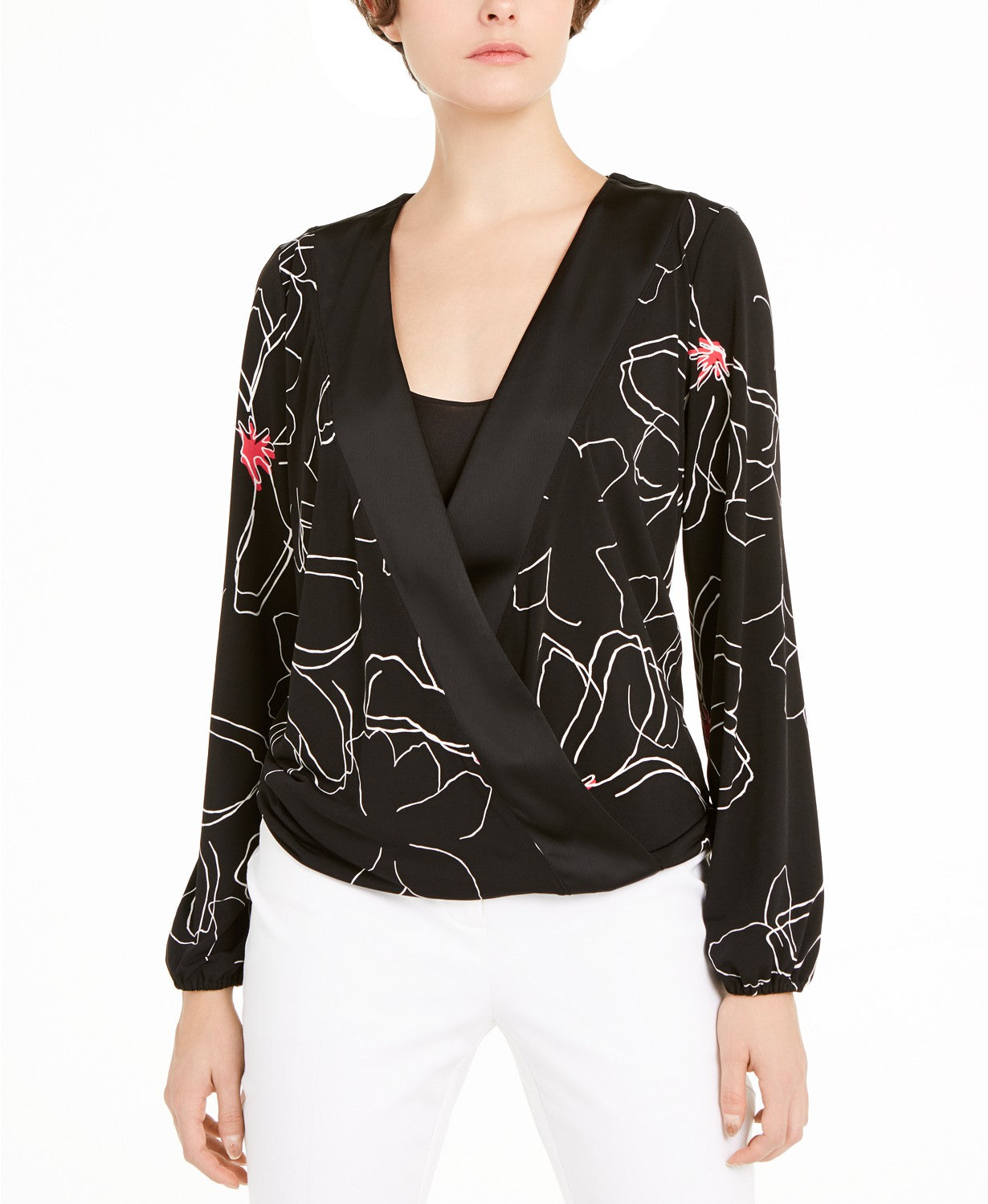 Blusa feminina Alfani estampada com decote sobrepeliz, preta, tamanho pequeno