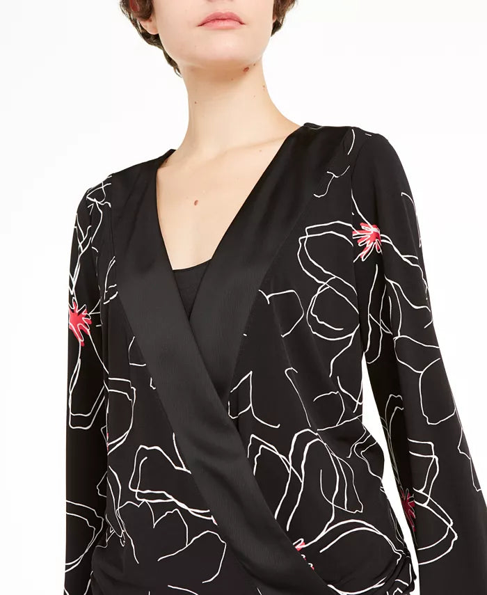 Blusa feminina Alfani estampada com decote sobrepeliz, preta, tamanho pequeno