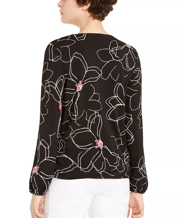 Blusa feminina Alfani estampada com decote sobrepeliz, preta, tamanho médio