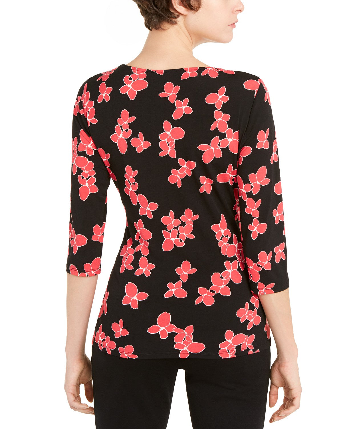 Top Alfani Feminino Petite Floral com Estampa Lateral e Amarração, Preto, Tamanho Grande
