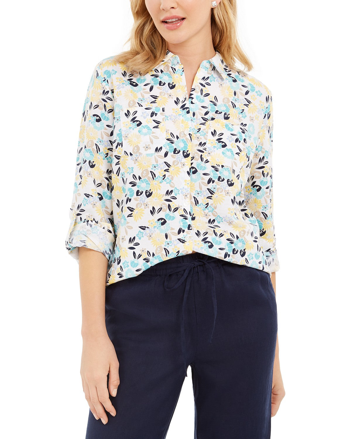Camisa feminina de algodão com estampa floral Charter Club, branca, tamanho grande