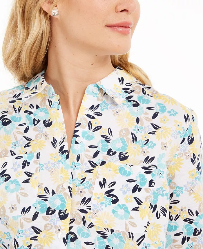 Camisa feminina de algodão com estampa floral Charter Club, branca, tamanho médio