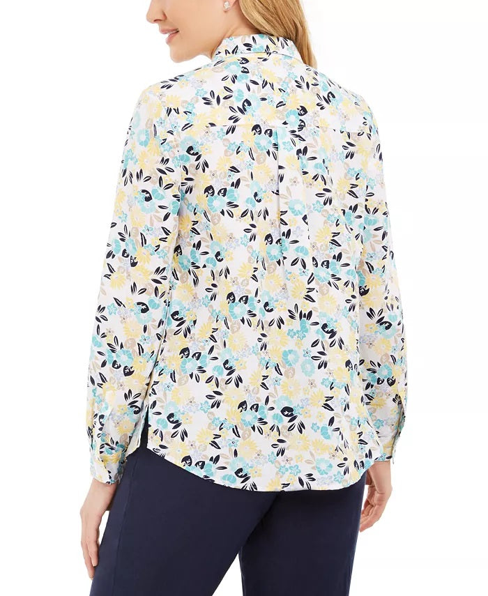 Camisa feminina de algodão com estampa floral Charter Club, branca, tamanho pequeno