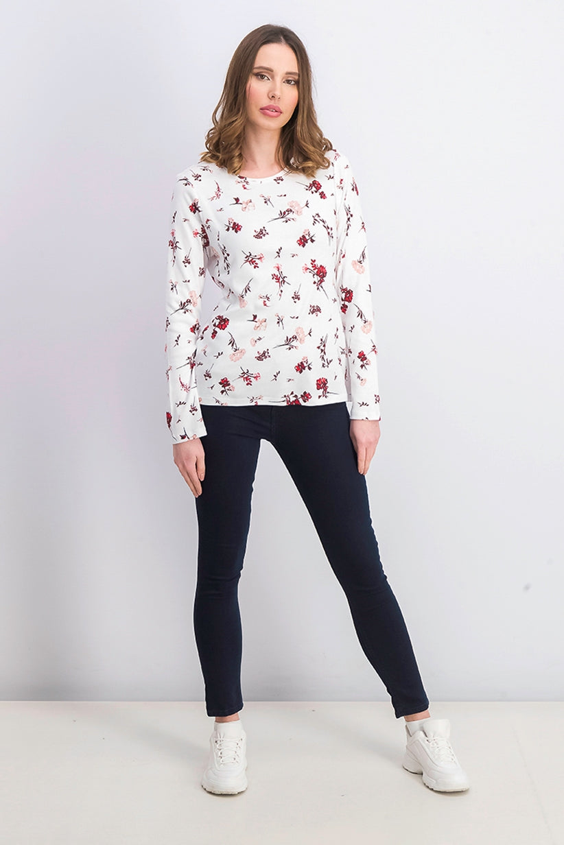 Blusa feminina Charert Club de algodão estampado com decote canoa, branca, tamanho extra pequeno