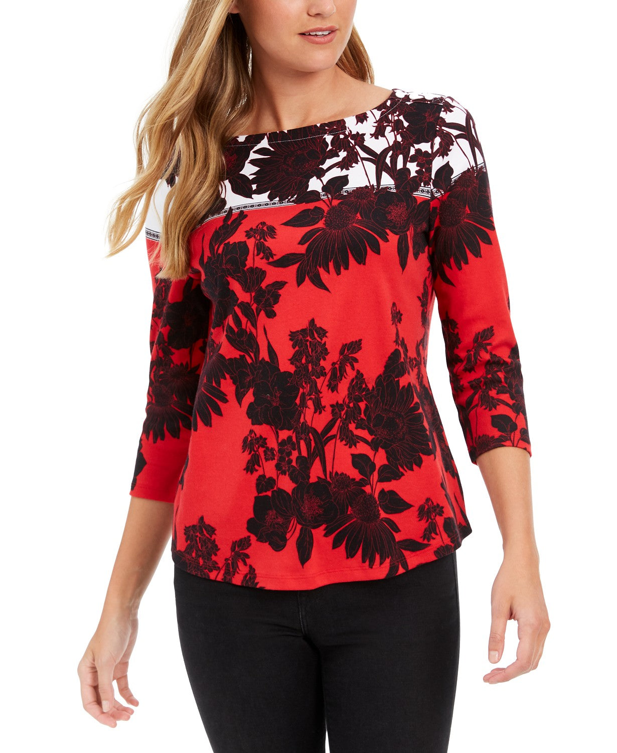 Camiseta feminina Charter Club Pima Cotton estampada com blocos de cores, vermelha, tamanho grande