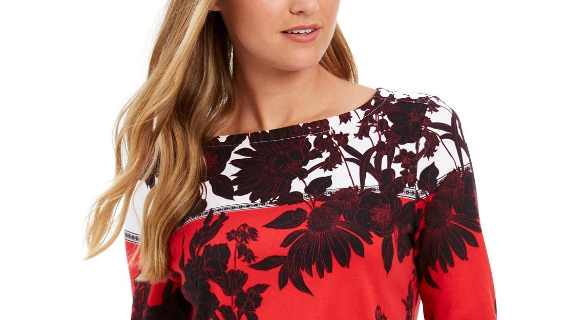Camiseta feminina Charter Club Pima Cotton estampada com blocos de cores, vermelha, tamanho médio