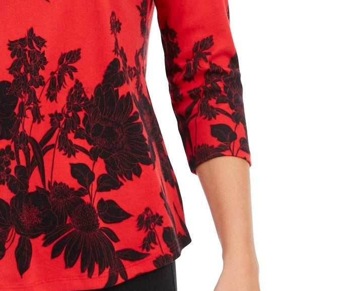 Camiseta feminina Charter Club Pima Cotton estampada com blocos de cores, vermelha, tamanho médio