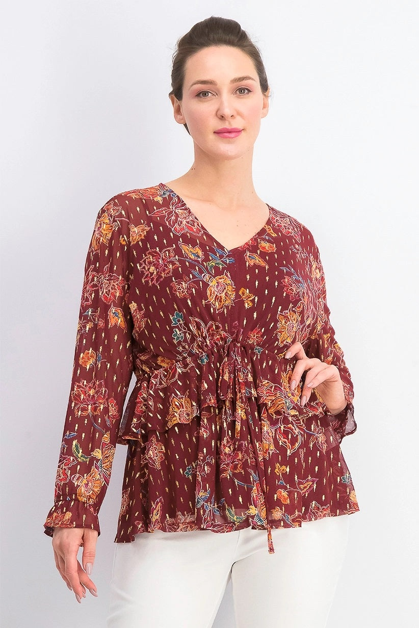 Top feminino estampado com cordão na cintura, tamanho extra pequeno, vermelho escuro, estilo &amp; co