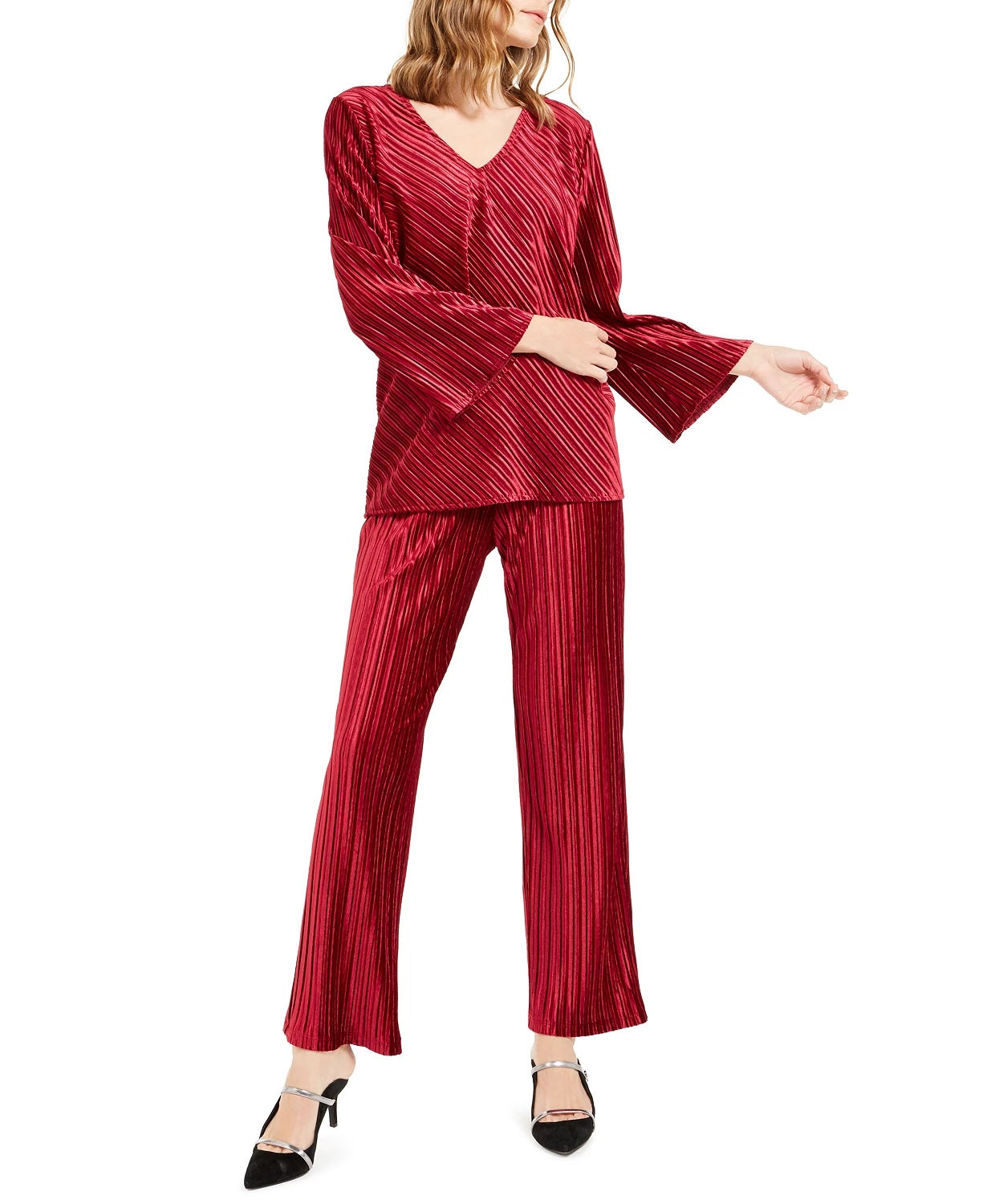 Blusa feminina Alfani de veludo canelado com decote em V, vinho, tamanho grande