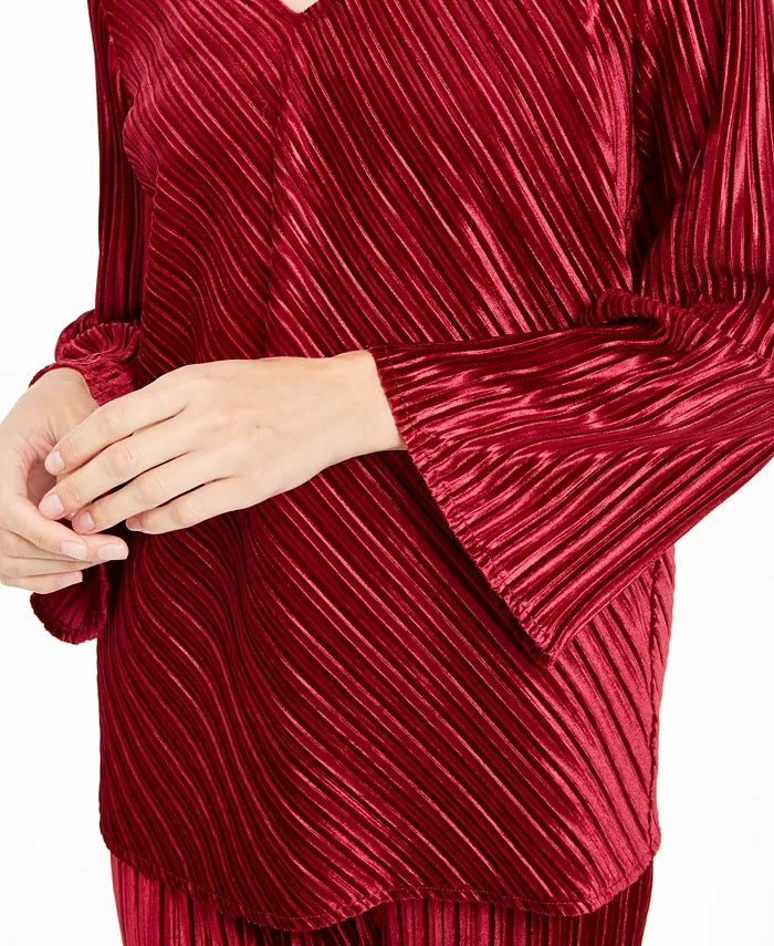 Blusa feminina Alfani de veludo canelado com decote em V, vermelha, tamanho pequeno