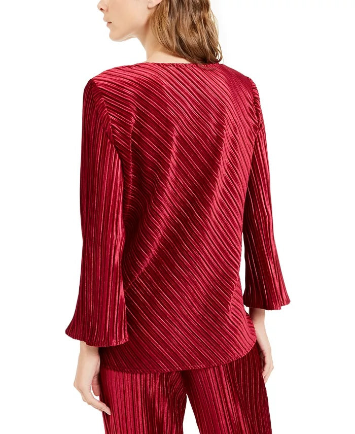 Blusa feminina Alfani de veludo canelado com decote em V, vermelha, tamanho XX-G