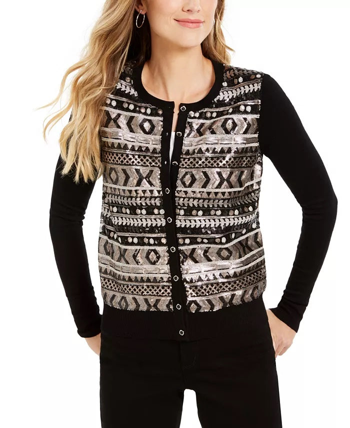 Cardigan feminino Fair Isle com lantejoulas Charter Club, preto, tamanho extragrande